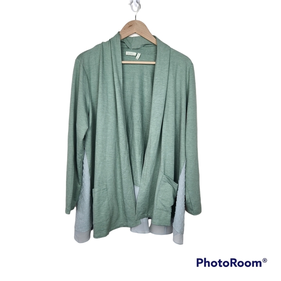 LOGO by Lori Goldstein Sweaters - LOGO Lounge Lori Goldstein Green Swiss Dot Open Front Cardigan Sweater Sz M